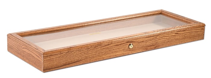 LONG OAK WOOD DISPLAY CASE W/ KEY