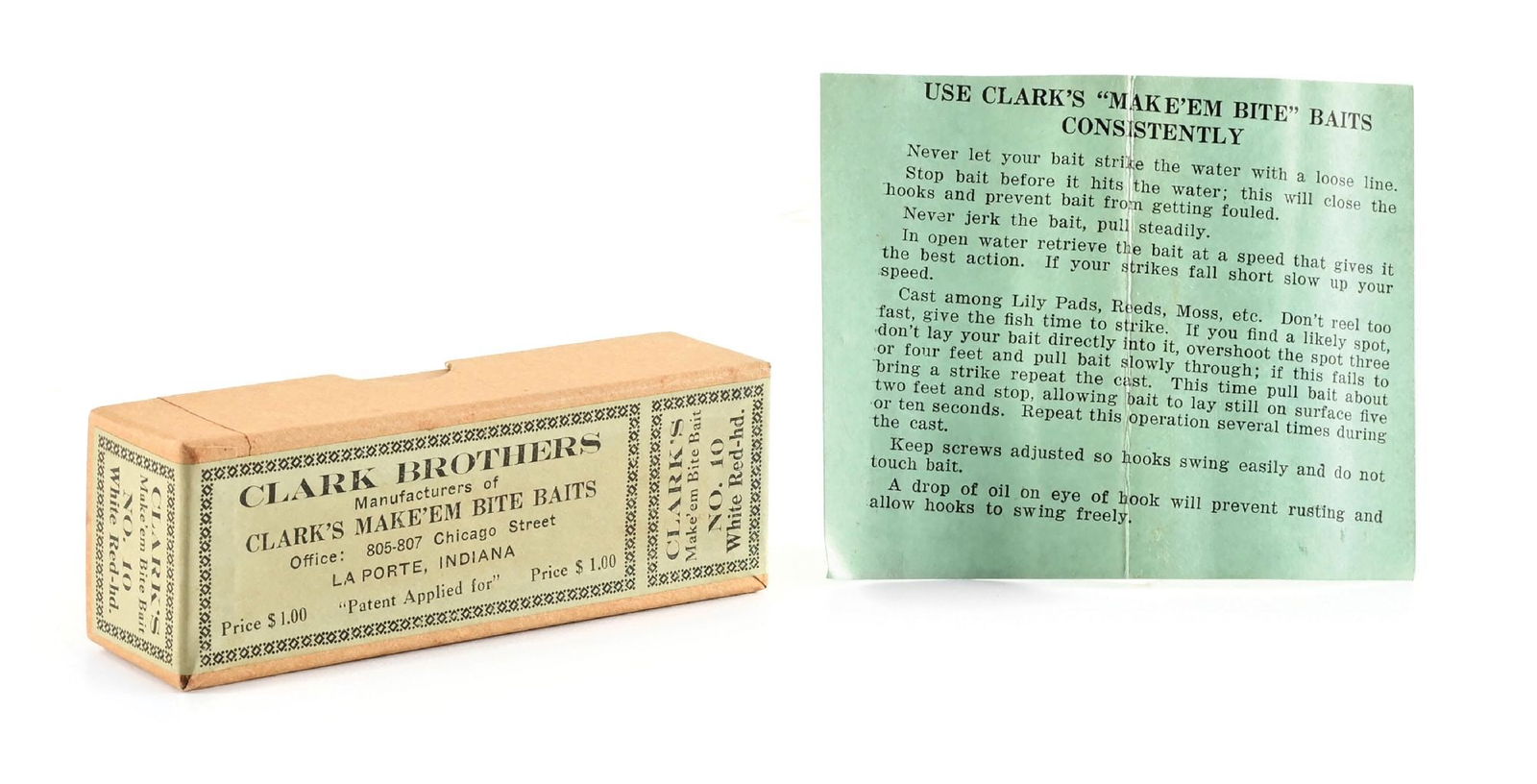 BOX AND PAPER FOR CLARK’S MAKE ‘EM BITE: Both items are crisp and like-new. The Clark brothers were doing business out of La Porte, Indiana in 1926. No lure in this lot, but if you have a red and white example, these will complete the combo.