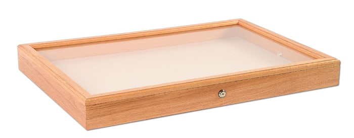WOODEN OAK DISPLAY CASE W/ KEY