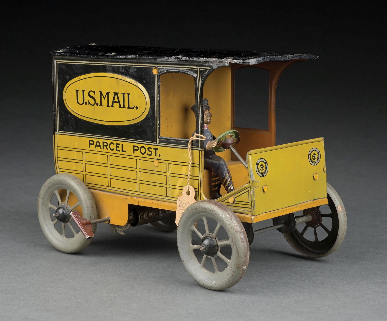 GERMAN TIN LITHO WIND-UP HANS EBERL U.S. MAIL PARCEL POST TRUCK: It has the original driver and backdoors. Marked "Germany" on backdoor. It has some wear to the roof, and minor wear to the wheels. CONDITION: Very Good to Excellent Condition. Dimensions: 7-1/2" x 4-