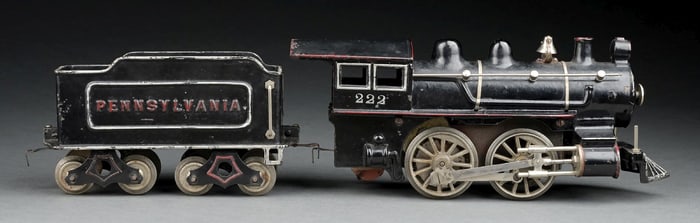 KNAPP II GA. CAST IRON NO. 222 LOCOMOTIVE & TENDER W/ ORIGINAL KNAPP CIRCLE TRACK