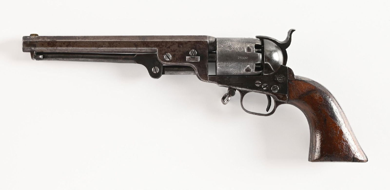 (A) COLT MODEL 1851 NAVY PERCUSSION REVOLVER.: Dates to 1857. The octagon barrel sports the Colt Hartford legend. Frame is cut for a shoulder stock and has the two extended screws. Trigger guard has a factory applied sling swivel. Also features th