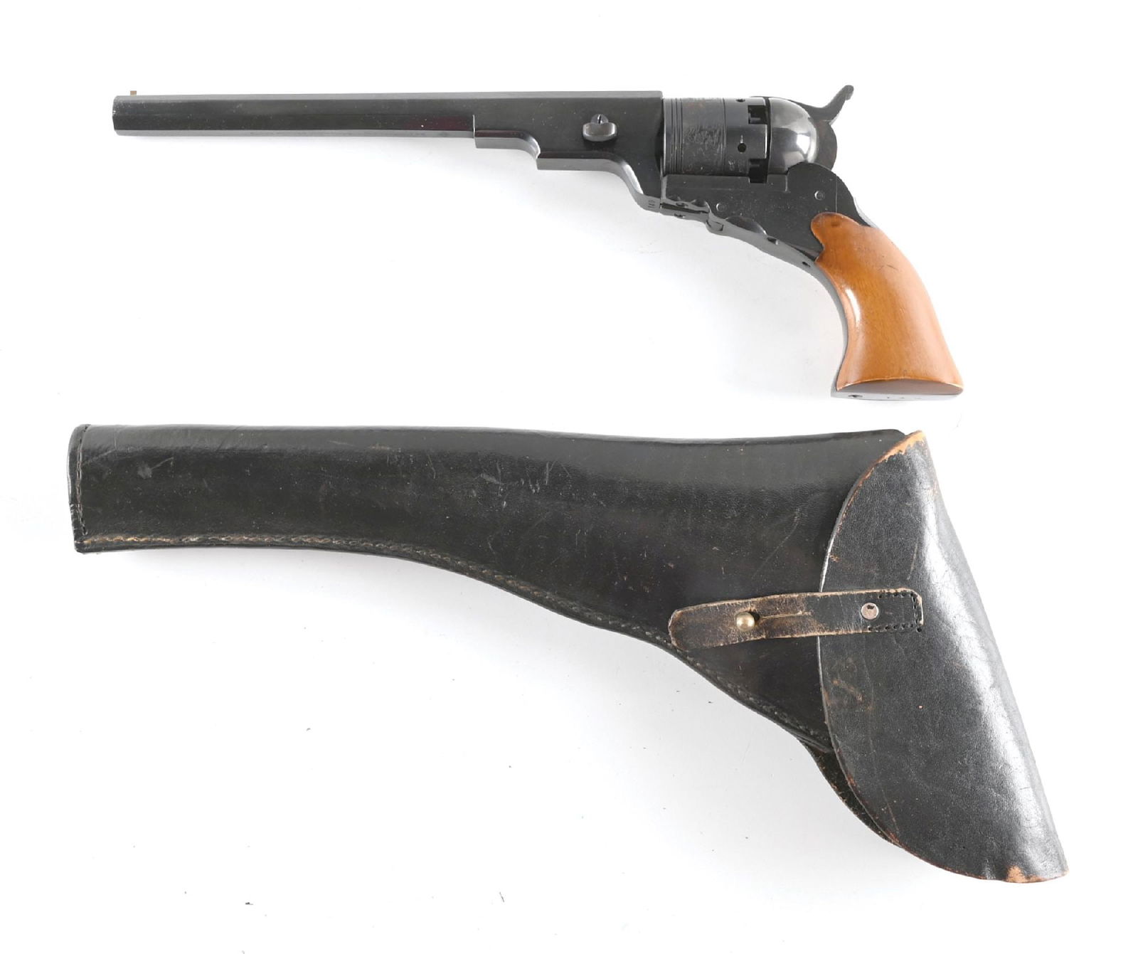 (A) NAVY ARMS REPLICA OF A COLT NO. 5 TEXAS PATERSON PERCUSSION REVOLVER.: This fine Italian replica was marketed by Navy Arms and is so stamped on the octagon barrel. This Paterson clone features a blue finish, octagon barrel, roll die stage coach cylinder scene, folding tr