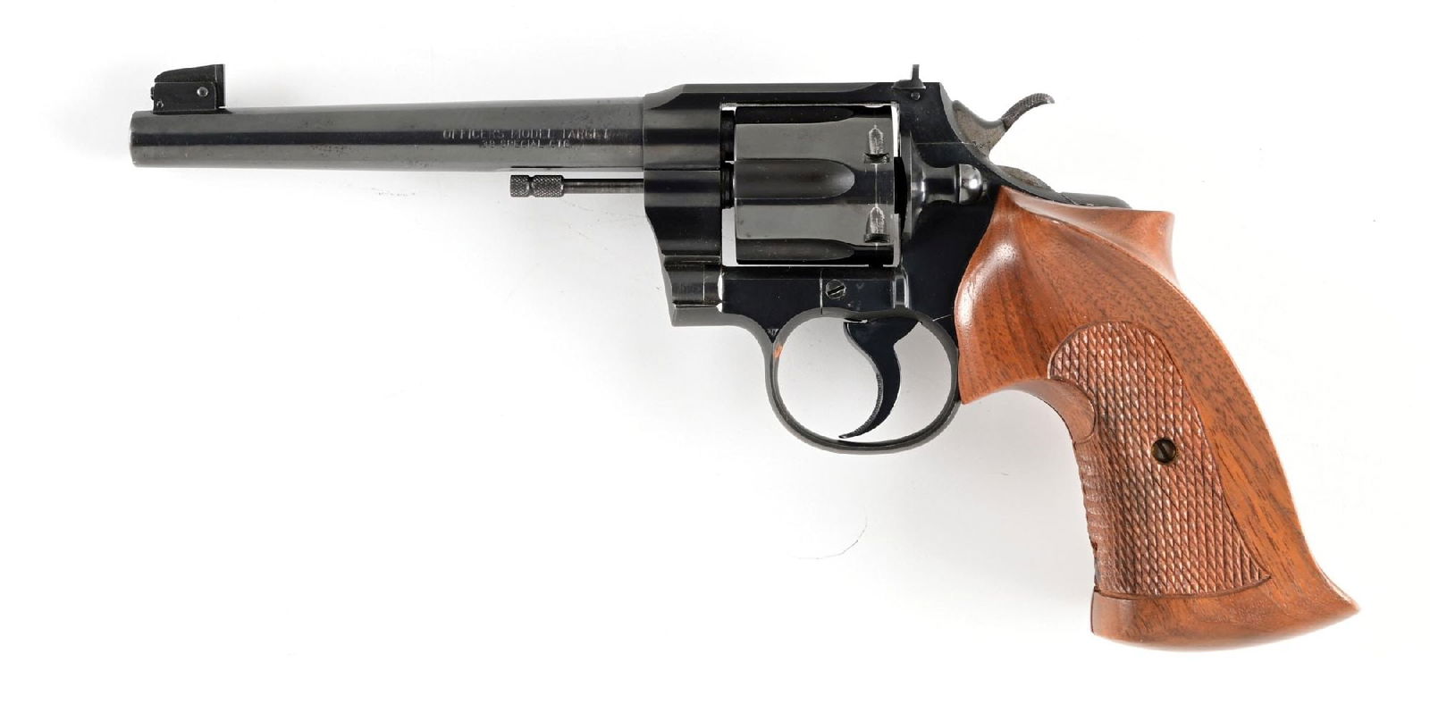 (C) COLT OFFICERS MODEL TARGET DOUBLE ACTION REVOLVER.: Manufactured circa 1950. Blued finish, adjustable front rear target sights, King cockeyed target hammer, serrated trigger, checkered walnut target grips. CONDITION: Good, has minor scuffs and abrasion