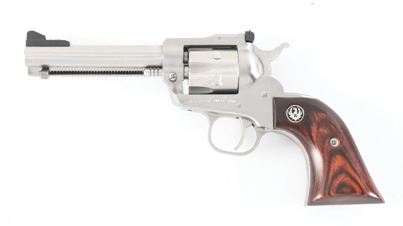 (M) RUGER NEW MODEL SINGLE 6 SINGLE ACTION REVOLVER.: This is a stainless Bearcat, two screw, six shot, target adjustable rear sight with eagle medallion wood grips. Comes with matching case and paperwork. CONDITION: Shows as near new with light handling