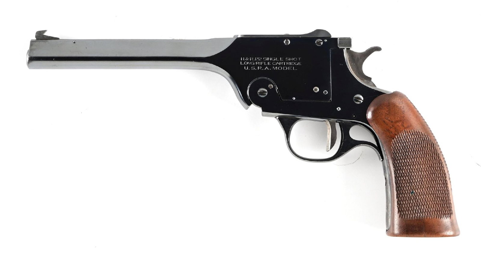 (C) HARRINGTON & RICHARDSON U.S.R.A. MODEL SINGLE SHOT TARGET PISTOL.: Partridge front sight with a adjustable notch rear, standard markings on the breech block, serrated trigger, knurled hammer, and checkered grips. CONDITION: Excellent, shiny bore with good rifling. Ba