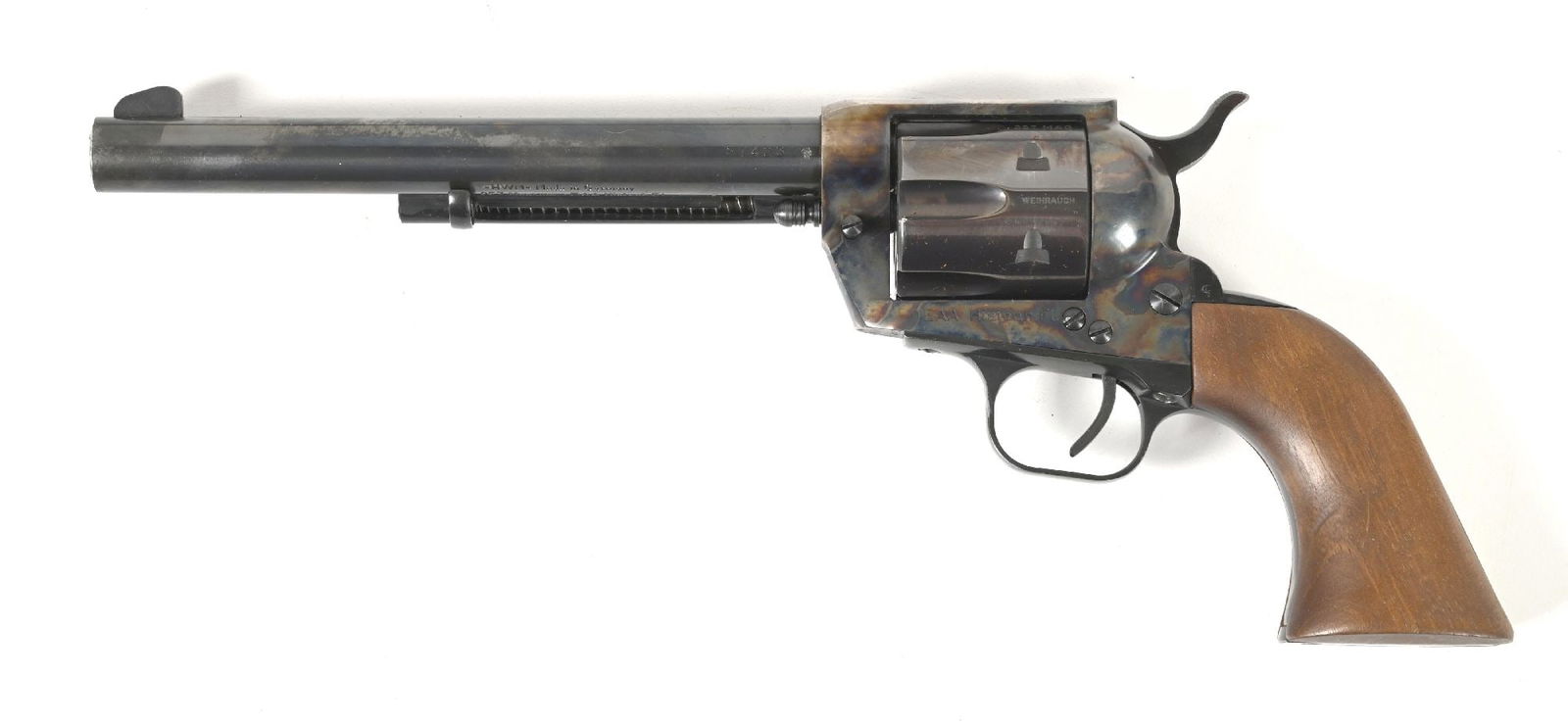 (M) EAA BOUNTY HUNTER SINGLE ACTION REVOLVER WITH HOLSTER RIG.: This is a German made Colt SAA clone with blue and case color finish and walnut grips. CONDITION: Excellent. Retains at least 95% finish with a few rubs . Mechanically sound. Bore is bright. Comes wit