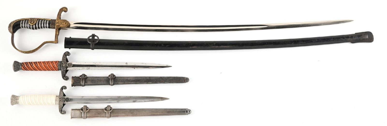 LOT OF 3: GERMAN WWII HEER OFFICER SWORD AND TWO HEER DAGGERS.: Lot consists of: (A) Third Reich Heer dress sword with bright blade marked "ORIGINAL / Eickhorn / Solingen" with the firm's signature squirrel logo. Deluxe hilt with engraved oak leaves that exhibit a