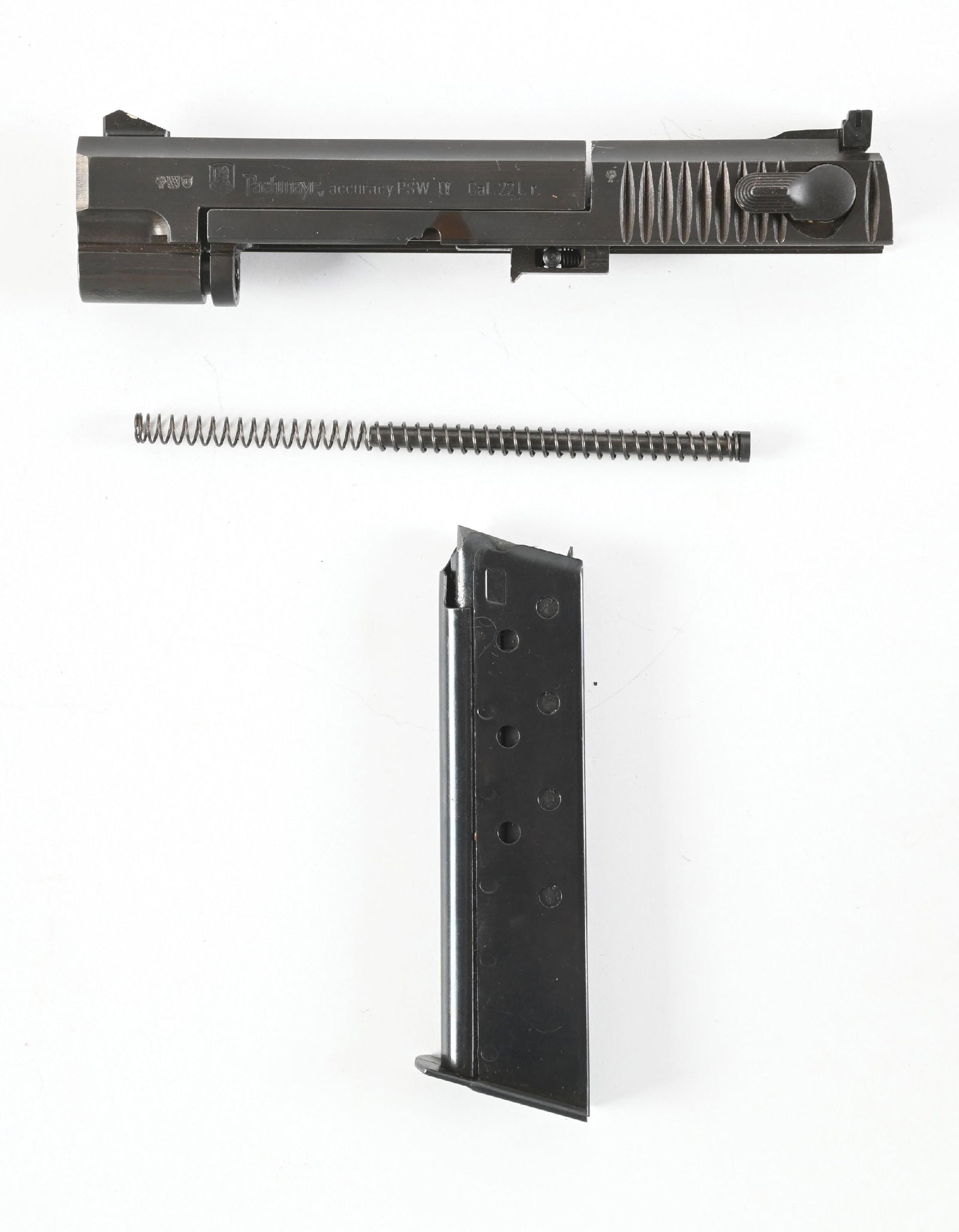 RARE PACHMAYR PETERS STAHL PSW IV .22 CONVERSION KIT FOR THE SMITH & WESSON 39.: Manufactured in Germany in 1983 for Pachmayr. Full original matte finish with target sights. Housed in its wood case with magazine. CONDITION: Excellent. Fine bore.