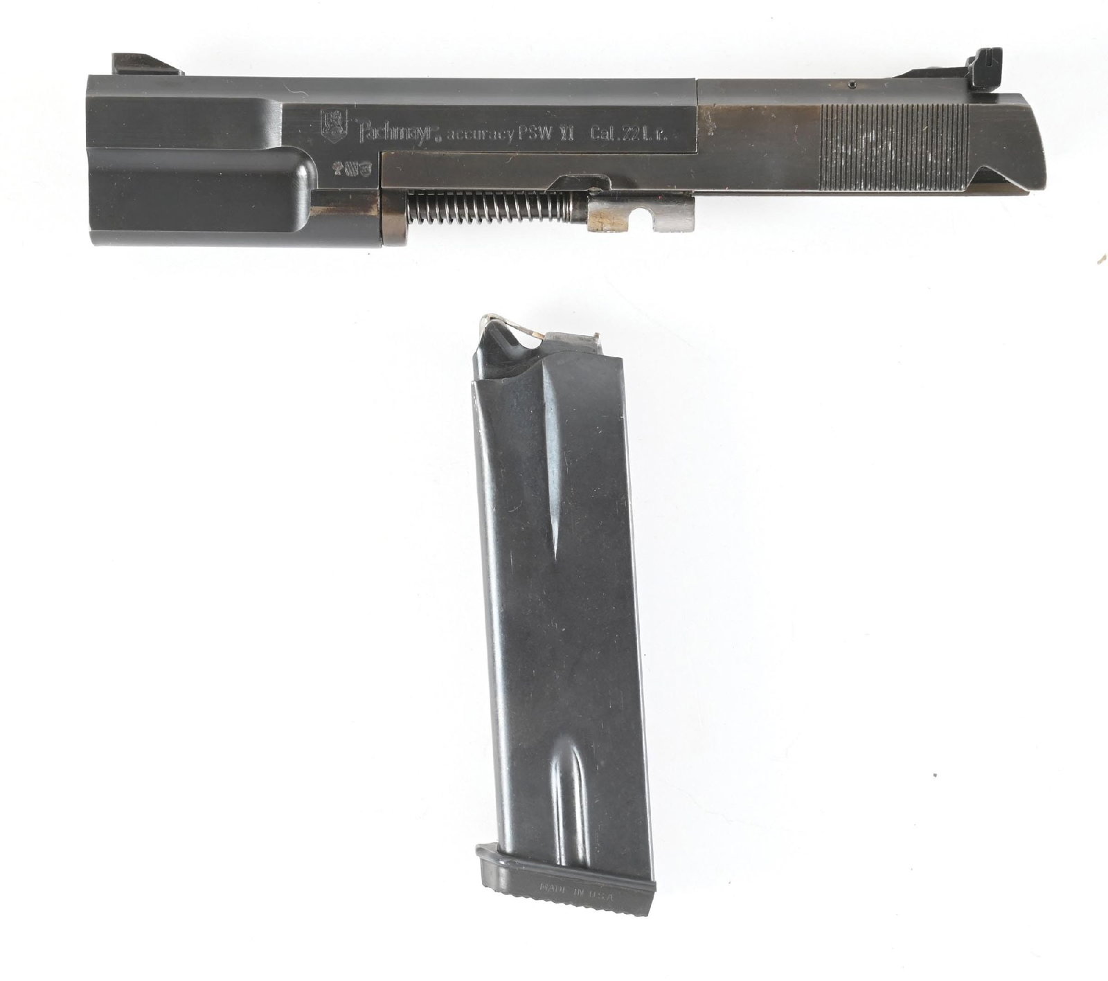 RARE PACHMAYR PETERS STAHL PSW VI .22 CONVERSION KIT FOR THE BROWNING HIGH POWER.: Manufactured in Germany in 1983 for Pachmayr. Full matte finish and target sights. Includes wooden case and magazine. CONDITION: Very good. Fine bore.