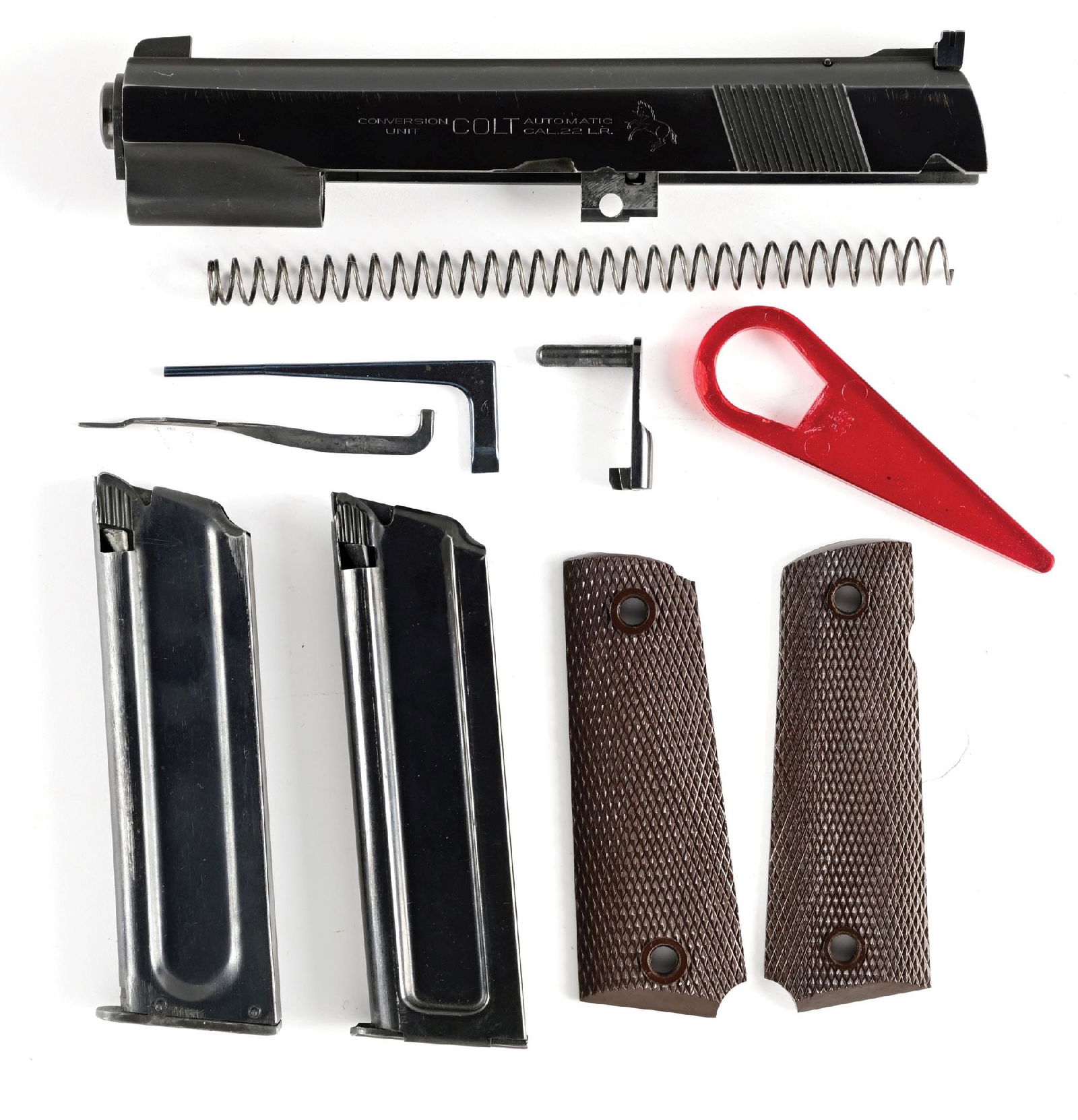 COLT 22 CONVERSION KIT FOR GOVT. MODEL 1911 PISTOLS.: Conversion kit for a Colt Government Model 1911, missing guide rod and plug. CONDITION: Very good. Cloudy bore with good rifling.