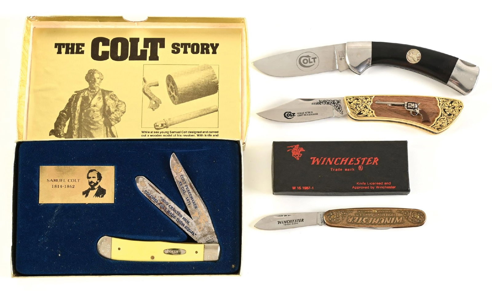 LOT OF 4: COLT AND WINCHESTER KNIVES.: Lot consists of: (A) Samuel Colt commemorative two-blade folder. Oxidation on blade, contained in original box. CONDITION: Good. (B) Colt pocket knife marked "BOKER / SOLINGEN / GERMANY / ROSTFREI". S