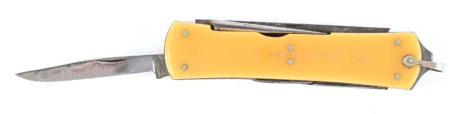 KA-BAR FLY FISHERMAN FOLDING UTILITY TOOL.: Marked "KA-BAR / STAINLESS" on main blade ricasso. Main blade is also marked "JONES HARDWARE" on reverse side with obverse side partially legible. File is marked "UNION CUT CO. / OLEAN, N.Y. / U.S.A."