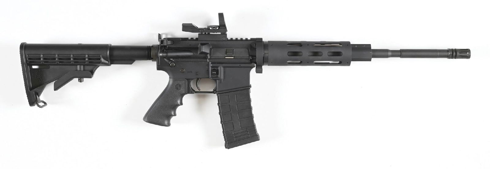 (M) ROCK RIVER LAR-15 SEMI-AUTOMATIC RIFLE.: Features include full matte finishes, M4 profile "RRA 5.56 NATO 1/9 CL" marked barrel, bird cage flash hider, flat top upper mounted with Truglo red dot sight, alloy handguard, rubber overmolded pisto