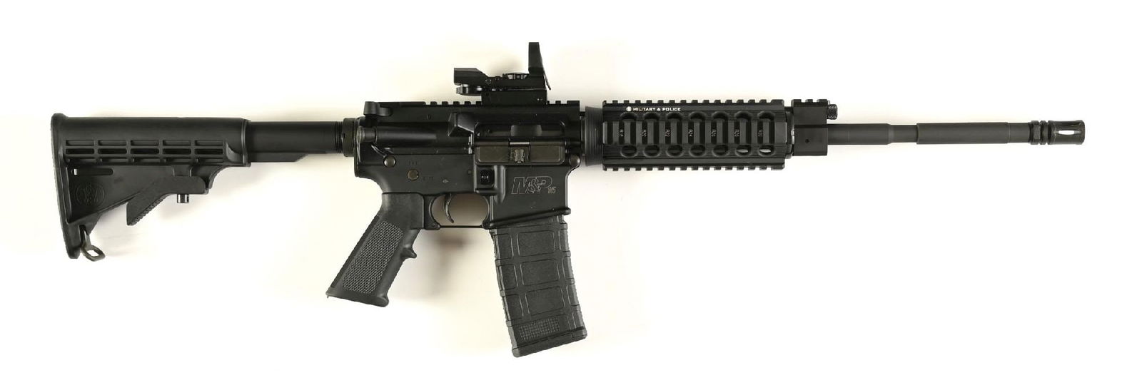 (M) SMITH & WESSON M&P 15 SEMI-AUTOMATIC RIFLE.: Standard A2 birdcage flash hider, unbranded 1:9 twist 5.56 marked M4 profile barrel, unmarked 4 position gas block for a carbine length gas system, Smith & Wesson branded carbine length quad rail, Key