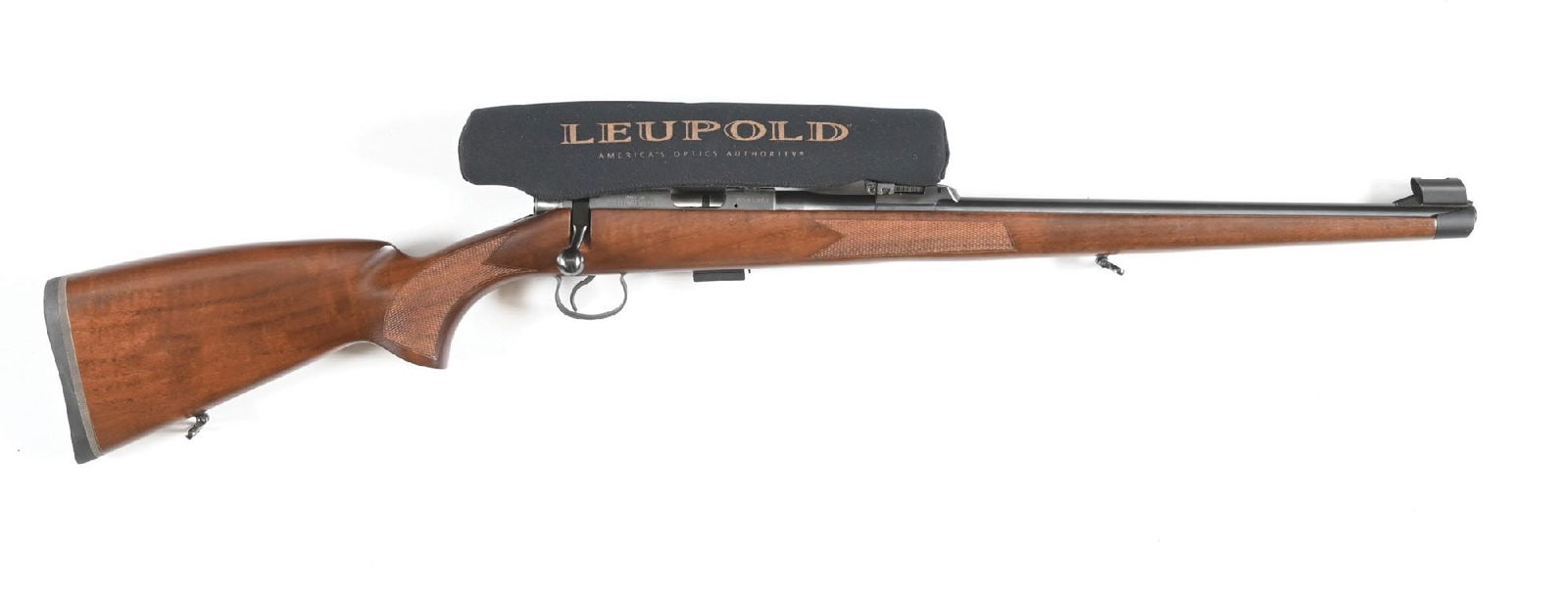 (M) CZ MODEL 452-2E ZKM BOLT ACTION TARGET RIFLE.: Blued tapered barrel with a hooded front sight and tangent adjustable rear, Blued Mauser style grooved action with a Leupold VX II 3-9x40 mounted on top. Walnut checkered full Mannlicher stock with a