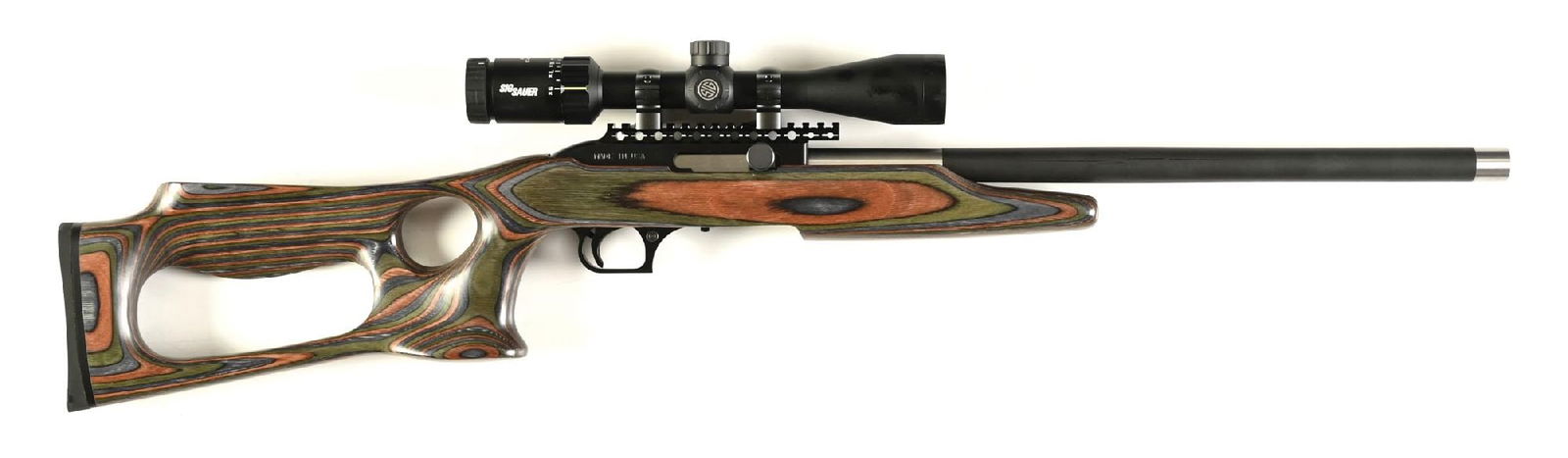 (M) MAGNUM RESEARCH MLR-1722M .22 WMR SEMI-AUTOMATIC RIFLE WITH CASE.: Features include a carbon fiber wrapped stainless bull barrel, blued receiver with extended optic rail, Sig Sauer Whiskey3 3-9X scope, and Boyds thumbhole laminate stock. Accepts Ruger pattern magazin