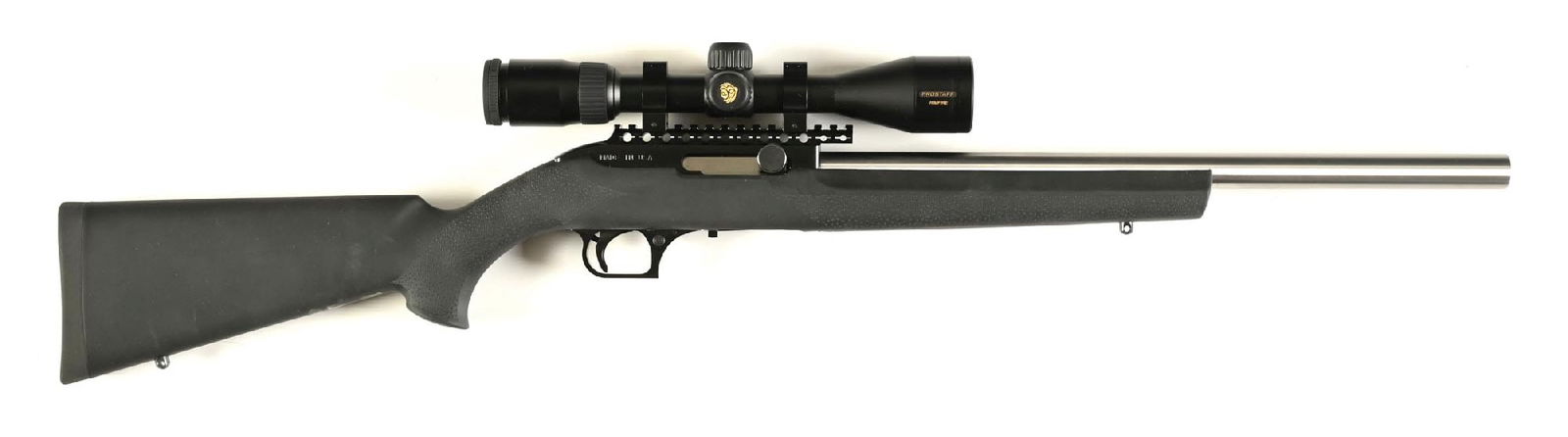 (M) MAGNUM RESEARCH MLR-1722M .22 WMR SEMI-AUTOMATIC RIFLE WITH CASE.: Heavy stainless barrel without factory iron sight provisions, blued receiver with extended optics rail, Nikon Prostaff Rimfire 3-9x scope, and pebble textured Hogue rubber overmolded stock. Accepts Ru