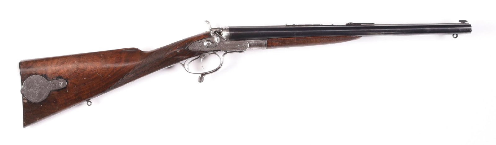 (A) C. MAYBURY BIRMINGHAM DANGEROUS GAME HAMMER COMBINATION GUN.: Features include under lever release, exposed hammers, lightly engraved and cleaned locks, blued barrels, knife blade style front sight, five leaf folding express rear sight, dual triggers, walnut sto