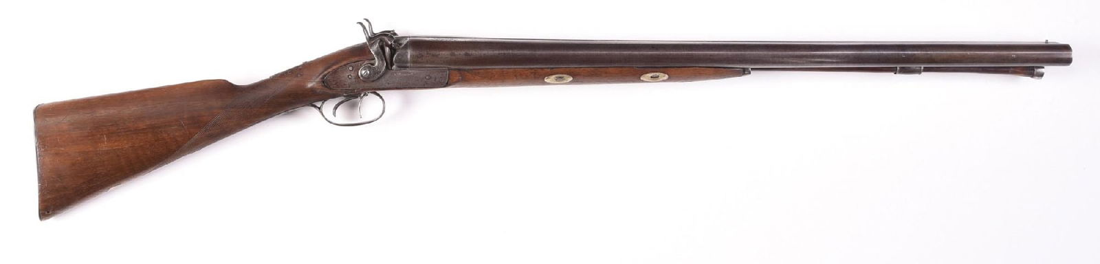 (A) MASSIVE WILLIAM MOORE & CO 8 BORE SIDE BY SIDE PERCUSSION SHOTGUN.: William Moore of London apprenticed under the famous gunsmith, Joseph Manton, where he learned his trade. This behemoth market percussion shotgun features laminated steel barrels, a solid rib, a singl