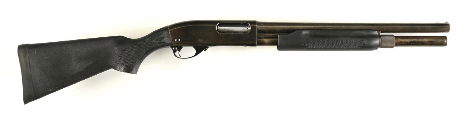 (M) REMINGTON 870 MAGNUM SLIDE ACTION SHOTGUN.: Single bead front sight, checkered composite stock and forearm. CONDITION: Good, shiny bore. Barrel Length: 18" Chamber: 2 - 3/4" Choke: Full Gauge: 12 gauge Manufacturer: Remington Model: 870 Serial 