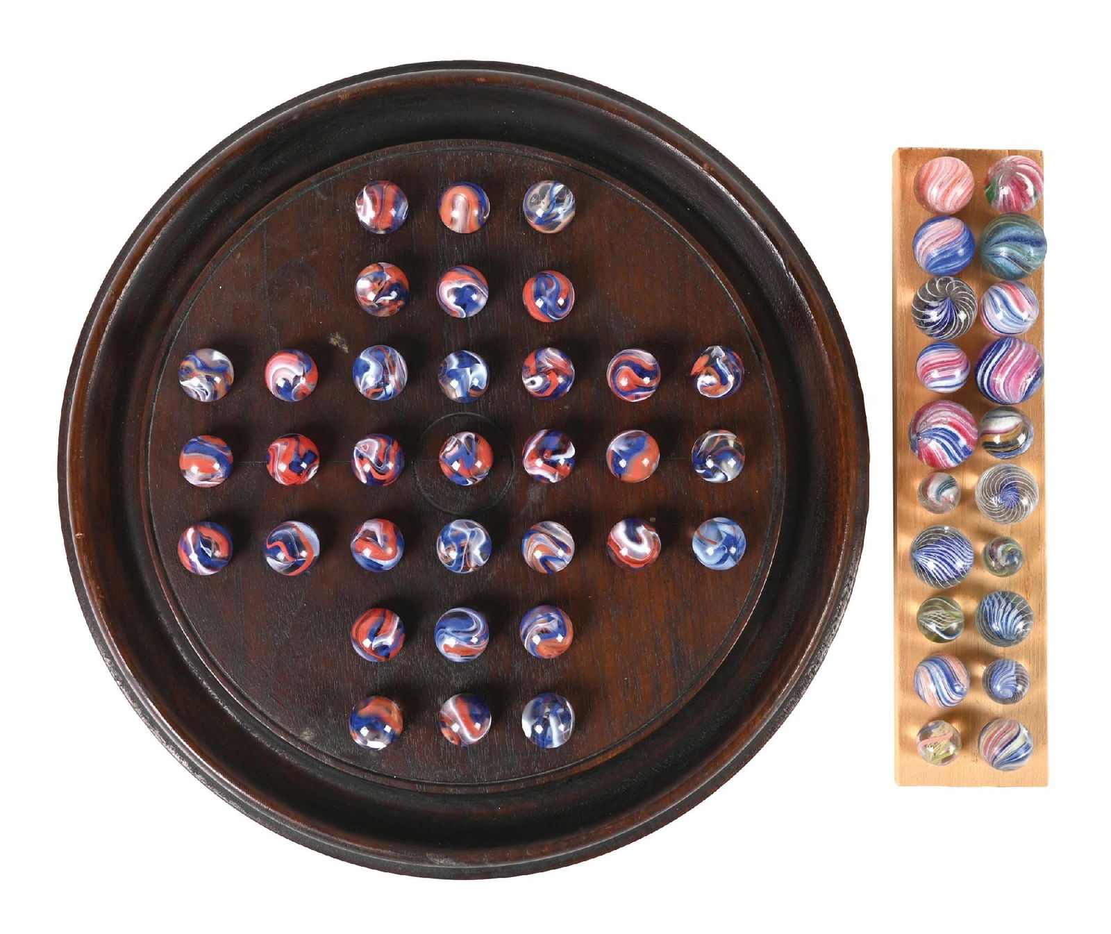LOT OF 2 MARBLE GAME BOARDS: Lot includes a dark brown board that came with 32 machine-made marbles. The other is a wooden stand that came with 20 handmade marbles. Marbles range from 3/4" to 7/8". All are in excellent condition.
