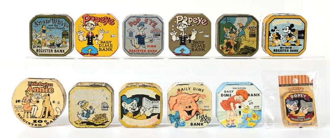 LOT OF 12 VARIOUS TIN LITHO LITHOGRAPHED DIME BANKS