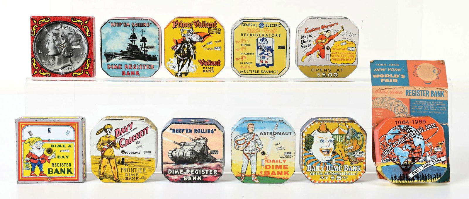 LOT OF 11 EARLY TIN LTIHO CHARACTER DIME BANKS (1 of 2)