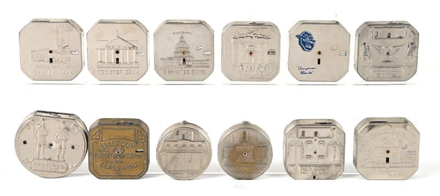 LOT OF APPROX. 12 VARIOUS EARLY AMERICAN-MADE TIN DIME REGISTER BANKS