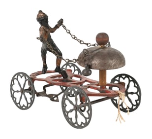 EARLY CAST IRON WATROUS TRAMP BELL TOY