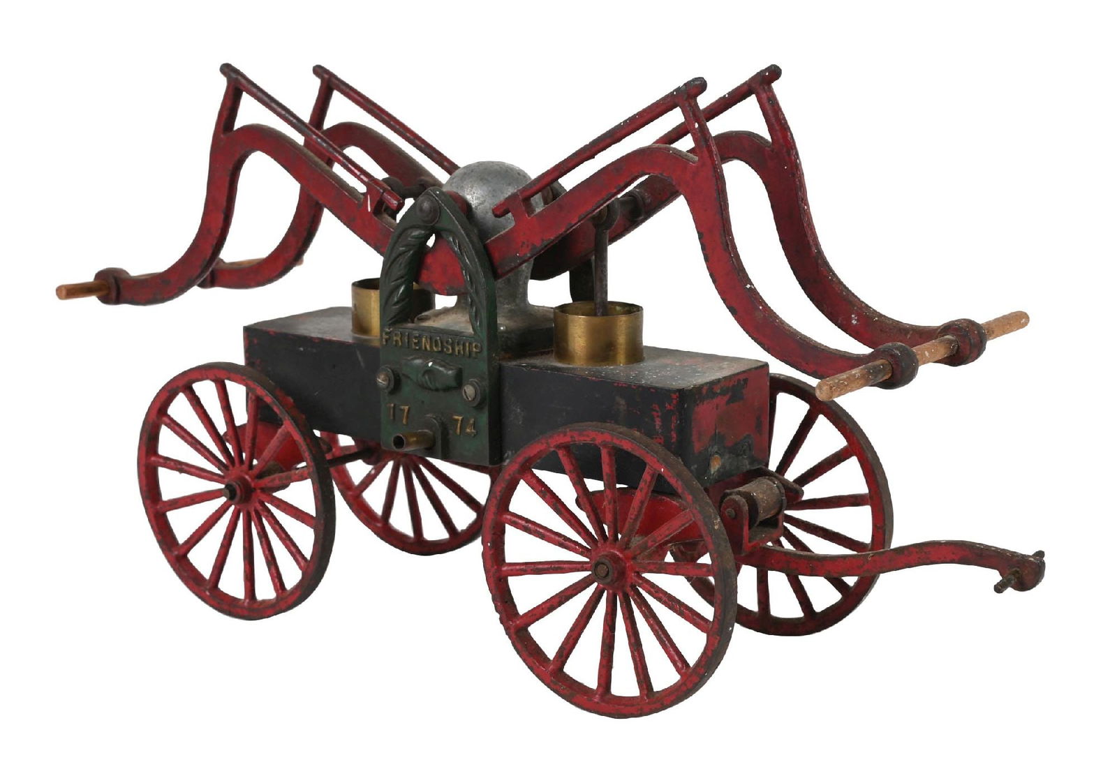 CAST IRON "FRIENDSHIP" PUMPER: Multiple amateur repairs. Displays well. Condition: (Fair). Dimensions: 15" x 8"