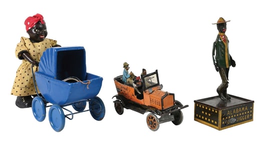 LOT OF 3: AMERICAN & GERMAN-MADE TIN LITHO WIND-UP & PUSH AFRICAN-AMERICAN THEMED TOYS