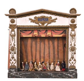 BEAUTIFUL EARLY WOODEN CARVED OPERA W/ 9 VARIOUS FIGURES & SCENERY