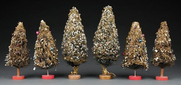 COLLECTION OF 6: BRUSH TREES W/ SPRING WIRE WRAP & TINY GLASS BEADS