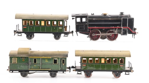 LOT OF 4: MARKLIN I GAUGE ELECTRIC LOCOMOTIVE & 3 PASSENGER CARS