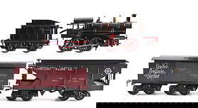 LOT OF 4: TRAIN ENGINE W/ TENDER & 2 CARS: (A) Marklin 0-4-0 wind-up Locomotive in I gauge, no key, some paint chips, very good condition. (B) Tender has scratches and paint chips throughout, very good condition. (C) Bing I gauge Penna. coal a