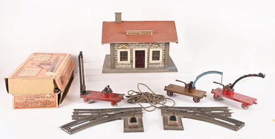 SCHOENHUTT MADE FOR LIONEL STATION, 3 ARCADE FLAT CARS, & LIONEL SWITCHES