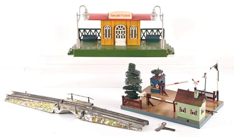 LOT OF 3: TIN TRAIN STATION PAVILIONS AND BRIDGE