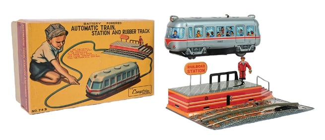 JAPANESE BATTERY-OPERATED AUTOMATIC TRAIN RAILROAD STATION W/ RUBBER TRACK IN ORIGINAL BOX