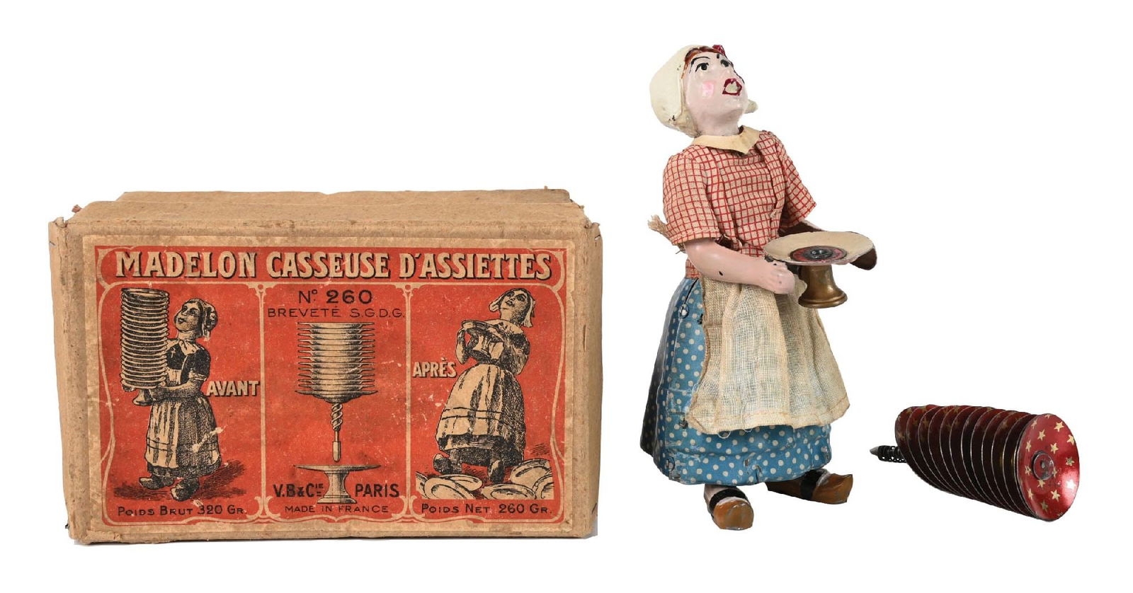 FRENCH PRE-WAR FEE. B & C WIND-UP TIN LITHO & COMPOSITION WOMAN FIGURE CARRYING TIN LITHO DISHES IN (1 of 4)