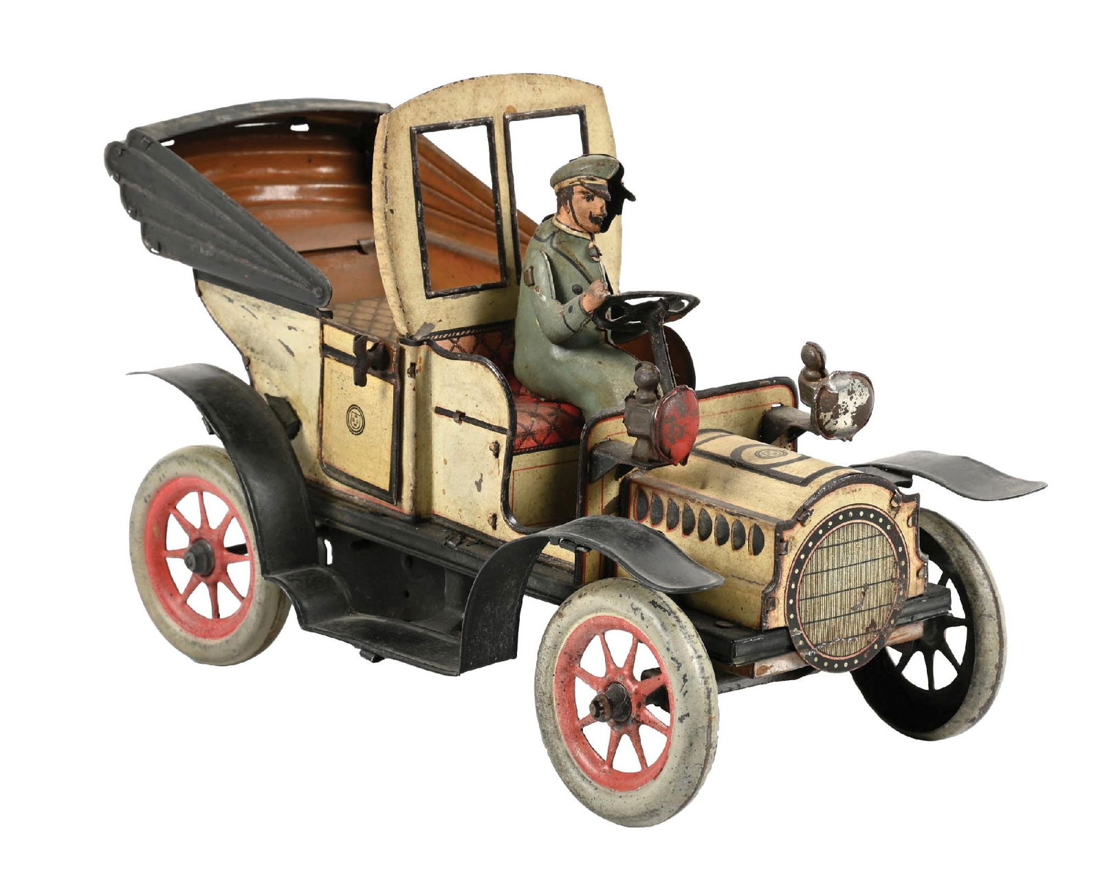 GERMAN GUNTHERMANN TIN LITHO WIND-UP AUTOMOBILE TOY: A cabriolet with tin litho top. It has the original tin litho driver, which looks to be all original. It also looks to be have original headlights. Marked "SG" on opening back doors and front hood. It