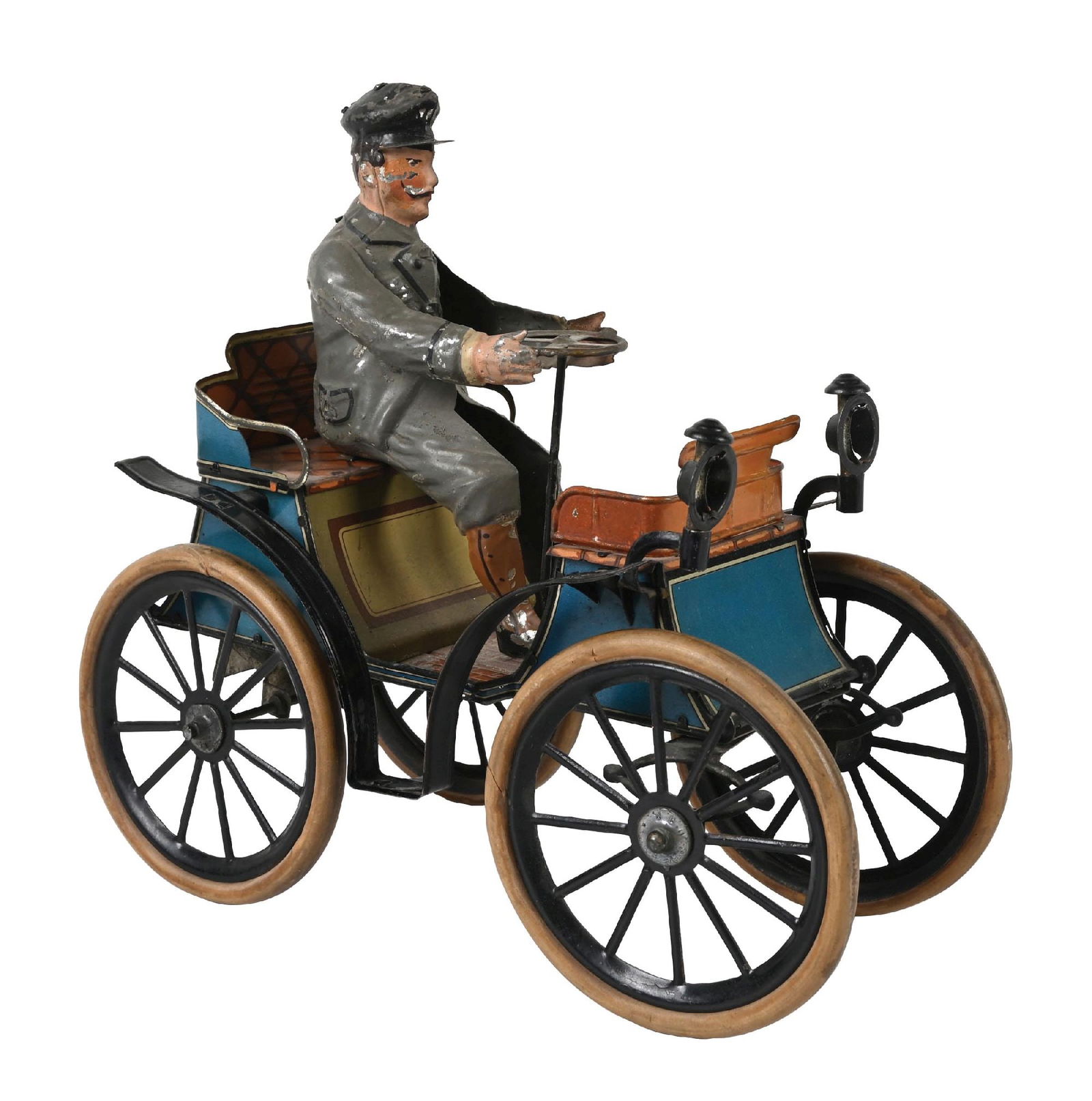 SCARCE GERMAN PRE-WAR TIN LITHO CLOCKWORK VIS-A-VIS AUTO GUNTHERMANN: Hand-painted driver, looks to be original. Rubber wheels look to be replaced. Has "SG" mark on back near the clockwork mechanism. Has front lamps. Condition: (Very Good - Excellent). Dimensions: 9 - 3