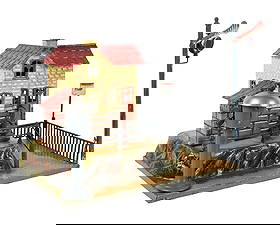 GERMAN HAND-PAINTED BELL RINGER STATION W/ PLATFORM: It has an open gate, original halt sign, bell ringer, small cast water pump, and hand-painted multicolored railroad station. Unmarked, but possibly Marklin. Some edgewear. Condition: (Very Good - Exce