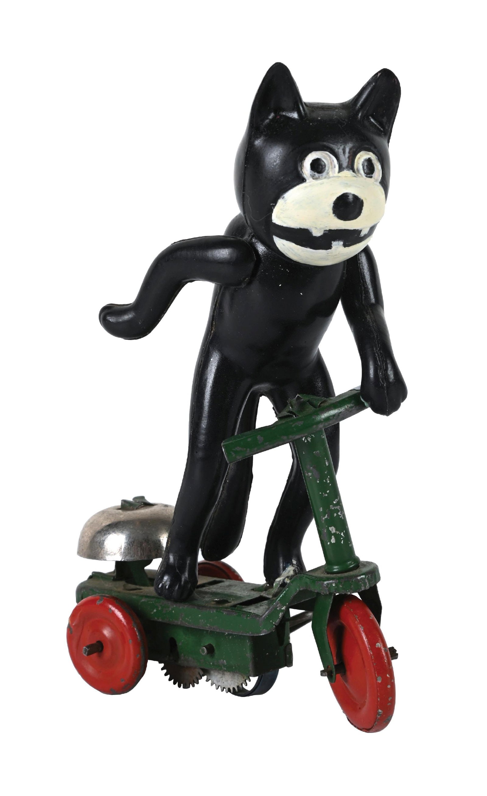 CELLULOID FELIX THE CAT ON OCCUPIED JAPANESE TIN LITHO BASE: Marked "Made in Japan" on the back. A marriage of two pieces, and it is a fantasy non-production piece. Still displays and looks well. Condition: (Very Good - Excellent). Dimensions: 3 - 1/2" x 2" x 5