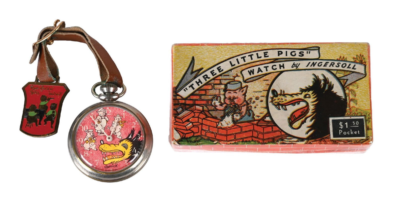 INGERSOLL 1934 THREE LITTLE PIGS & BIG BAD WOLF POCKET WATCH W/ ORIGINAL BOX (1 of 2)