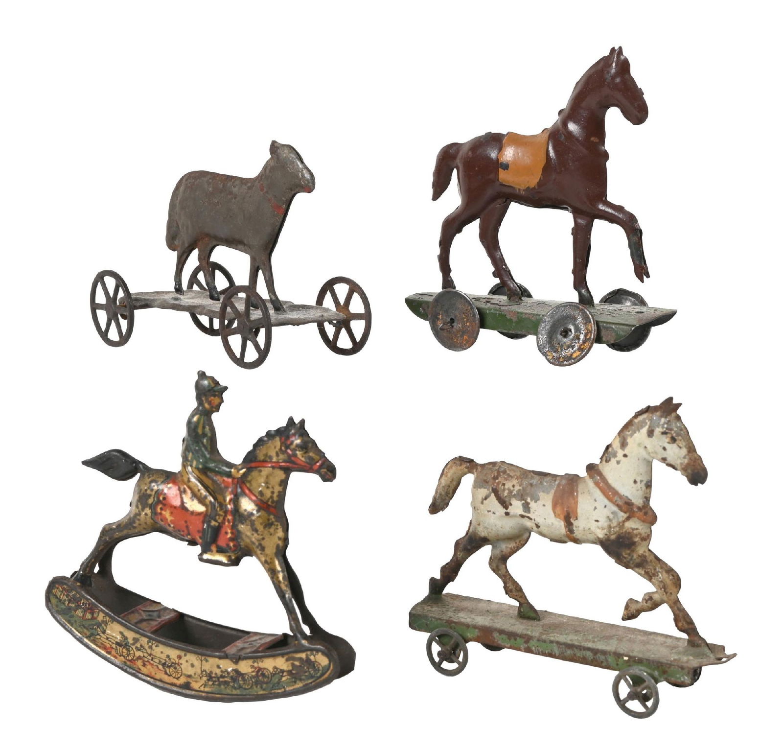 LOT OF 4: VARIOUS PENNY TOY & PENNY TOY-SIZED ANIMAL ON PLATFORM TOYS: (A) A jockey on horse with tin litho rocker. (B) A lamb. (C) A white horse. (D) A black horse. Some wear and paint loss to all four. Condition: (Very Good). Dimensions: 3 - 1/2" x 4"