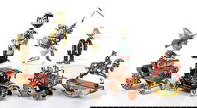 LOT OF 7: VARIOUS AMERICAN-MADE TIN LITHO WIND-UP TOYS: (A) An Unique Art Rodeo Joe Whoopie Car. (B) A Wyandotte Ride Em Cowboy Red Ranger. (C) A Chein Happy Huligan. (D) A Marx Be O' Plenty. (E) A Marx College Kids Whoopie Car. (E) A Marx Comic Car with d