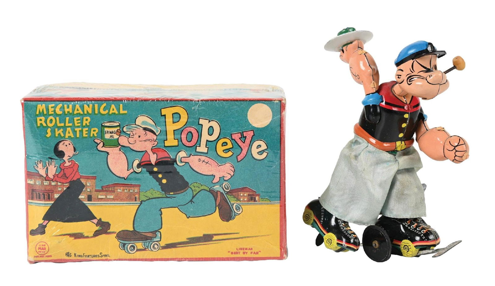 JAPANESE LINEMAR TIN LITHO WIND-UP POPEYE ROLLER SKATING TOY (1 of 4)