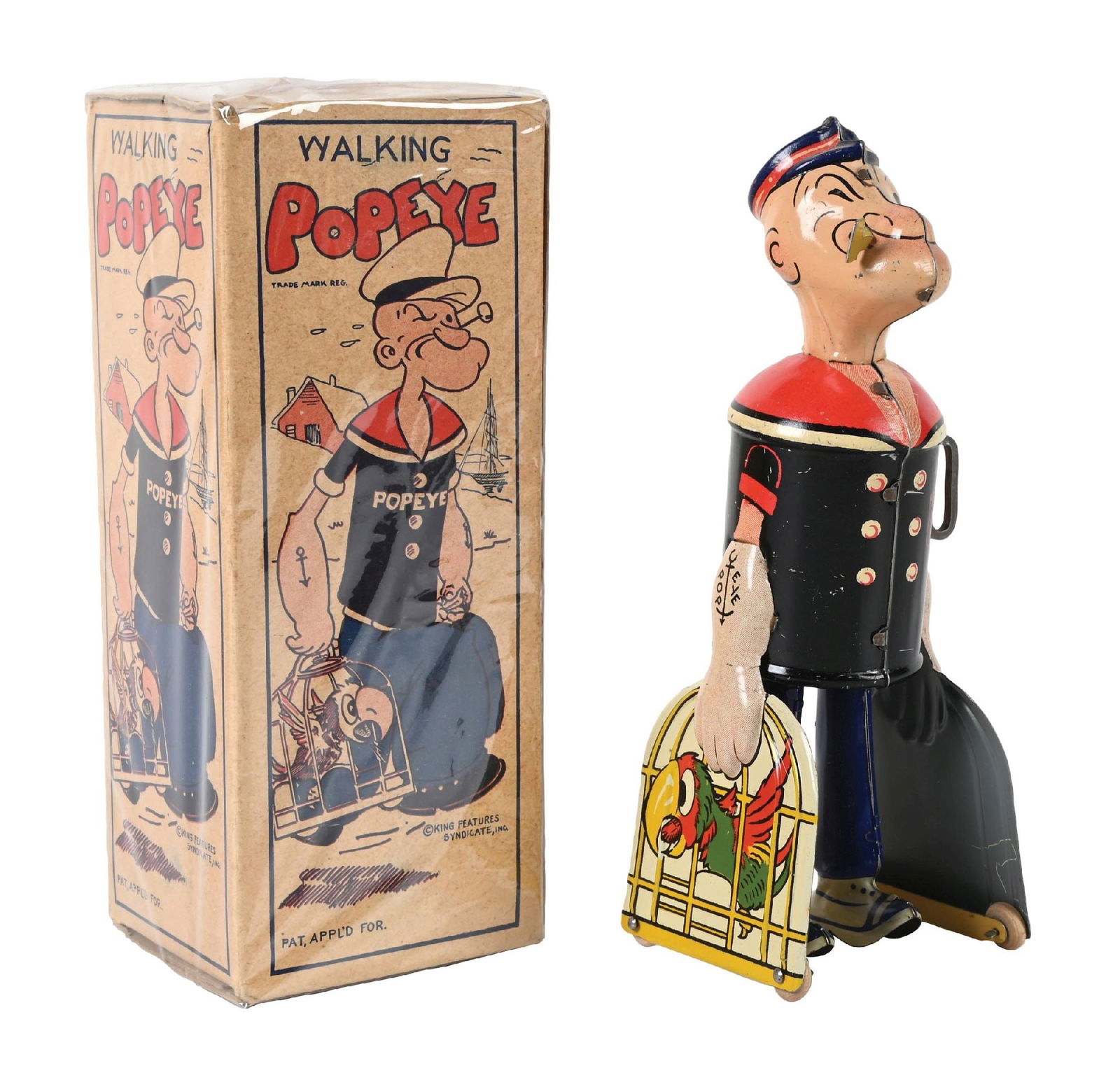 MARX TIN LITHO WIND-UP WALKING POPEYE WITH PARROT CAGES TOY W/ ORIGINAL BOX (1 of 4)