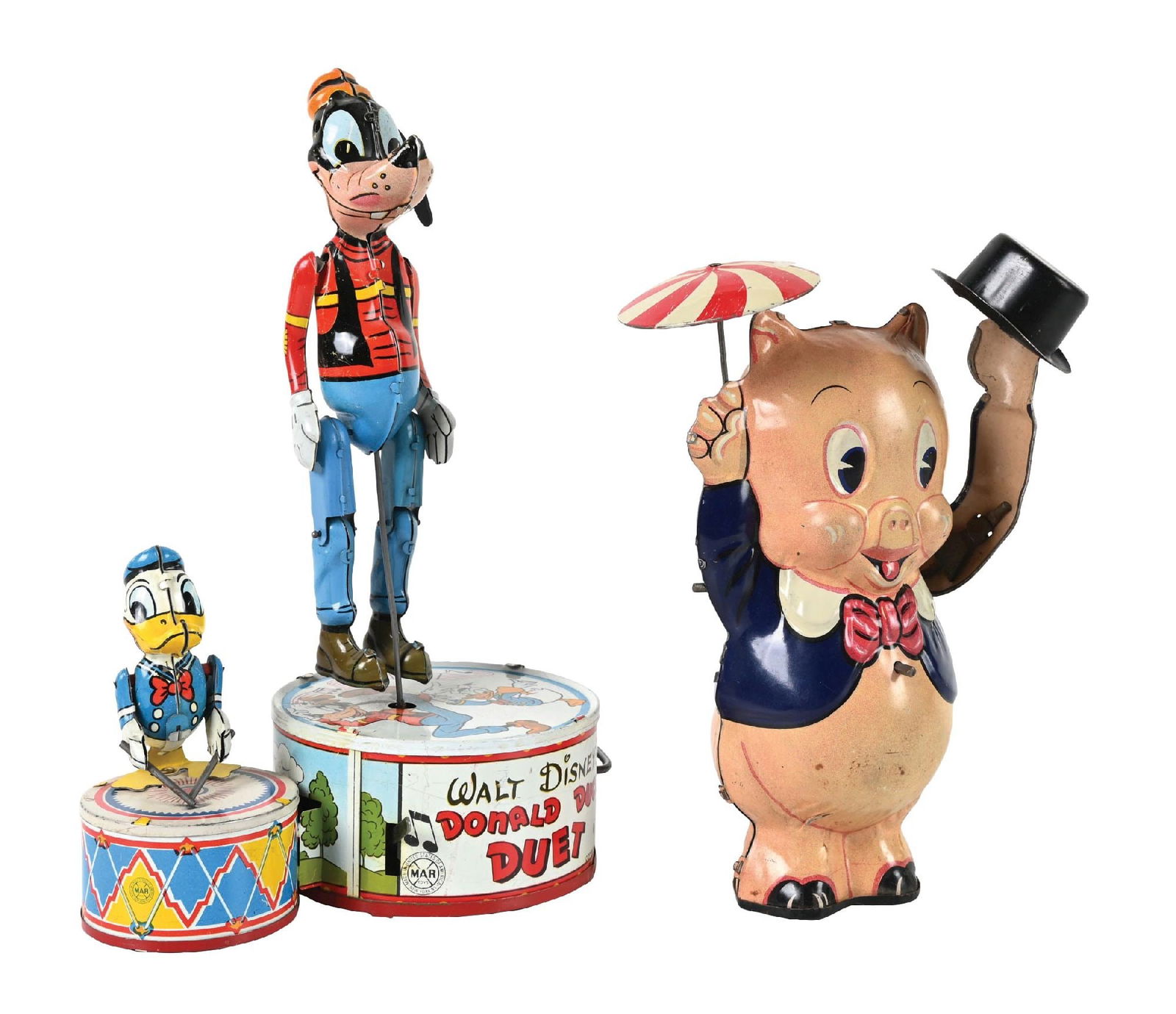 LOT OF 2: MARX TIN LITHO COMIC CHARACTER TOYS: (A) A Porky Pig, marked "1939 Leon Schlesinger". Best version, with moveable of left arm holding top hat. Right hand has spinning umbrella. (B) A Walt Disney Donald Duck duet, marked "1946 Walt Disney